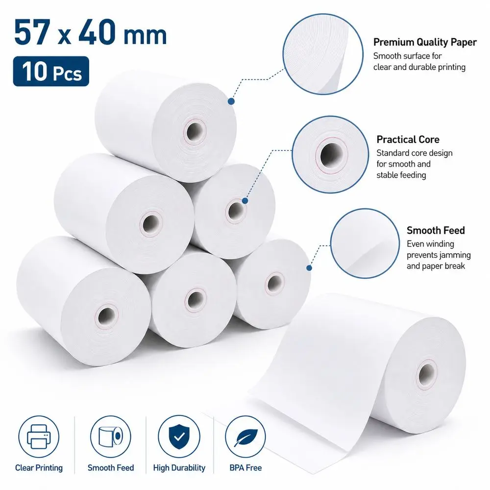 57x40mm Thermopapierrolle Weiß Glatte Aufkleberrolle (10 Stück) – Bild 3