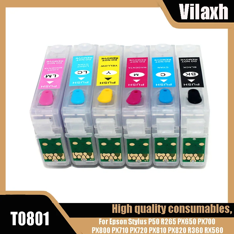 Vilaxh T0801 - T0806 nachfüllbare Tintenpatrone passend für Epson Stylus P50 R265 PX650 PX700 PX800 PX710