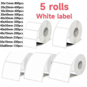 5 Rollen weiße Etikettenaufkleber, 30 mm/40 mm/50 mm breit, passend für tragbaren Hand-Thermoetikettendruckern