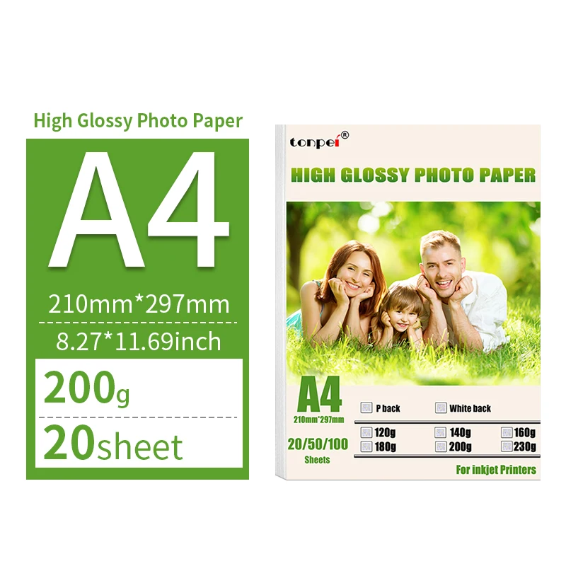 A4-Fotodruckpapier, Fotopapier passend für Tintenstrahldrucker, 200 g, glänzendes, einseitiges Fotopapier