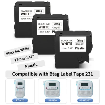 Passend für Btag Etikettenband Btag 231 Schwarz auf Weiß 12mm (1,2 cm) x 4m Ersatz für Brother P-Touch PT-N10