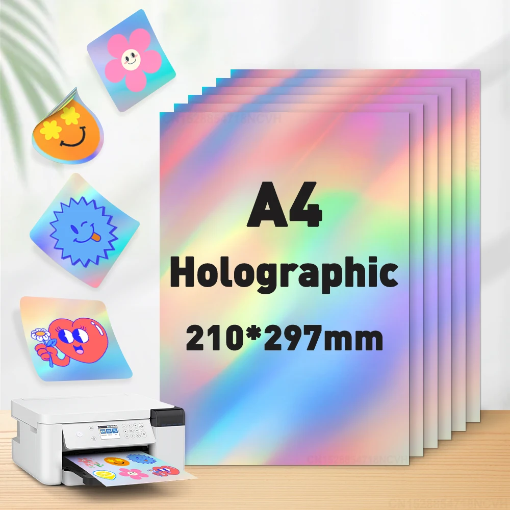 10 Blatt holografisches, bedruckbares A4-Aufkleberpapier passend für Tintenstrahldrucker, matt/glänzendes