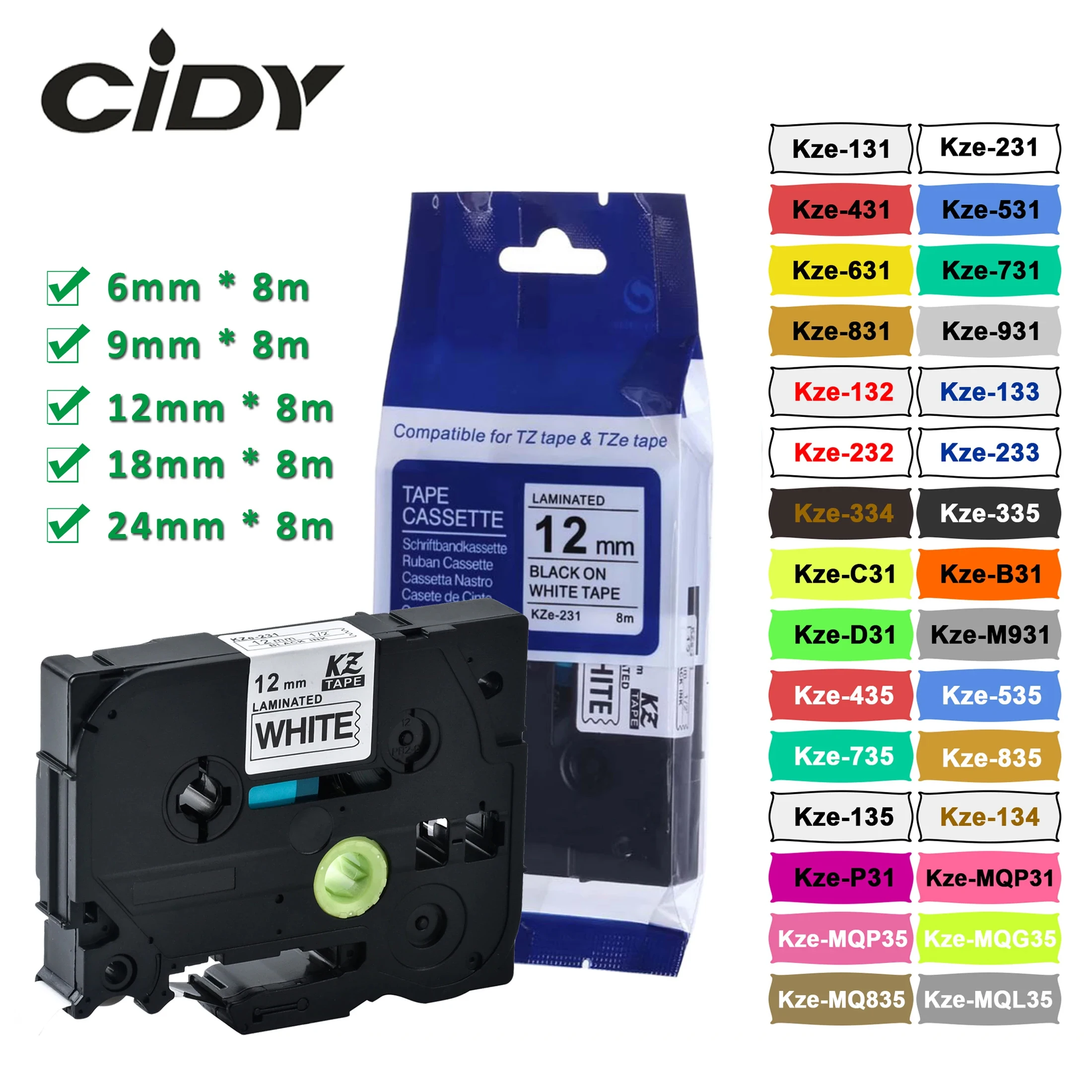 CIDY-kompatibles TZ-231 TZ 231 TZe131 laminierter Kleber tze631 tz-335 221 241 251 Etikettenband P Touch