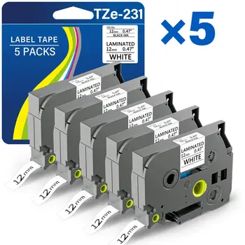 5 Packungen TZE-231 Etikettenband 12mm 0,47 Laminiert Schwarz auf Weiß 8m Ersatz passend für Ptouch TZ TZE