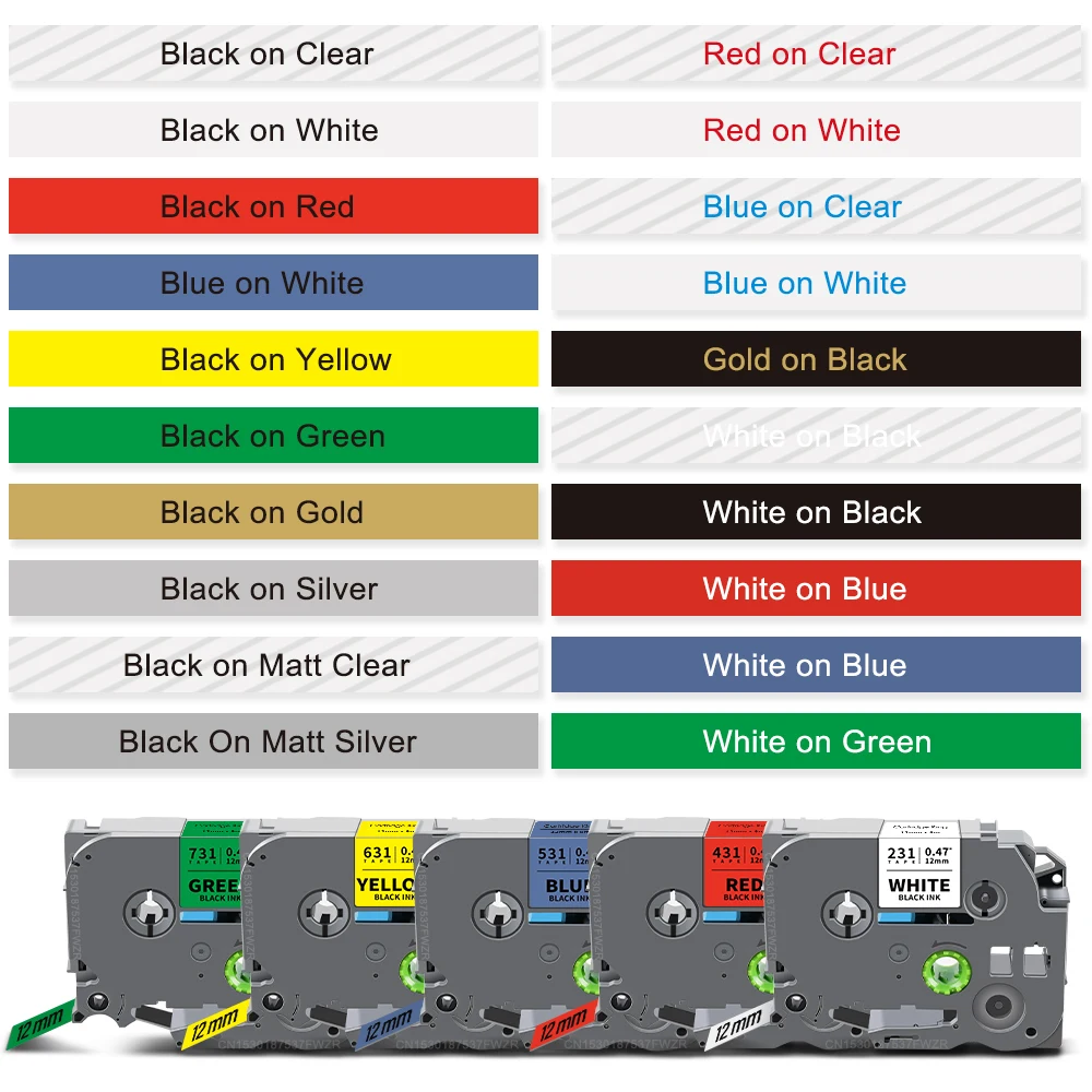 20 Farben passend für Brother 12 mm Etikettenband TZe231 TZe131 TZ431 TZ531 TZ631 TZ731 laminiertes TZe-Band