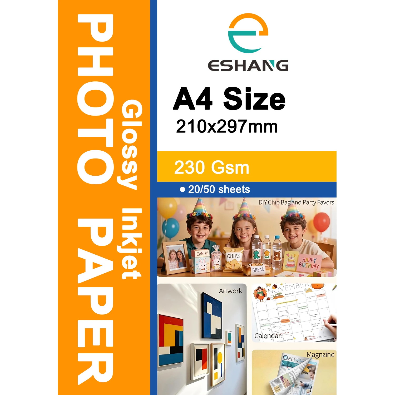 Glänzendes Inkjet-Fotopapier, 61lb/230gsm, A4-Größe (21 x 30 cm, 210x297mm), 20/50 Blatt