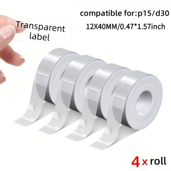 12×40mm transparente Thermoetiketten, 4 Rollen, 640 Blatt, passend für D30 Marklife P11/P12/P15/P50