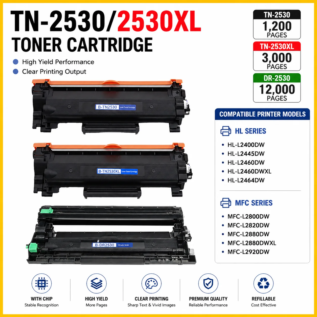 TN-2530XL Tonerkartusche passend für Brother HL-L2400DW L2460DW MFC-L2800DW | Hochleistungs-Toner in Schwarz