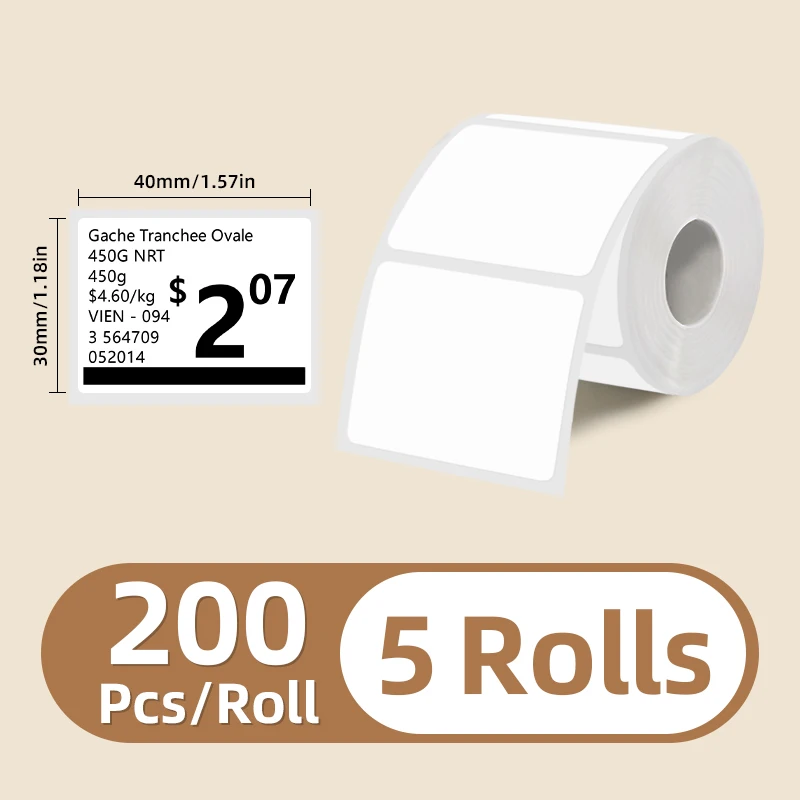 5 Rollen weiße Etikettenaufkleber, 30 mm/40 mm/50 mm breit, passend für tragbaren Hand-Thermoetikettendruckern
