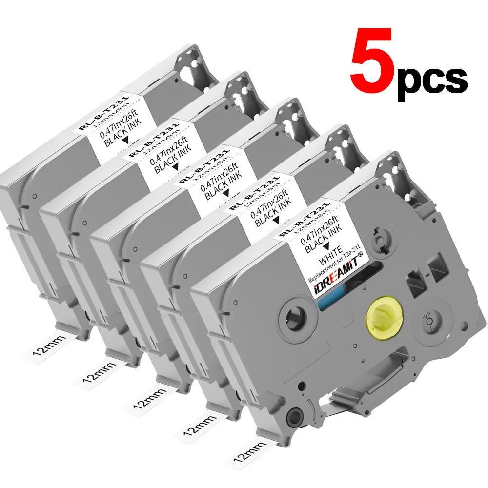 5 Packungen TZE-231 Etikettenband 12mm 0,47 Laminiert Schwarz auf Weiß 8m Ersatz passend für Ptouch TZ TZE